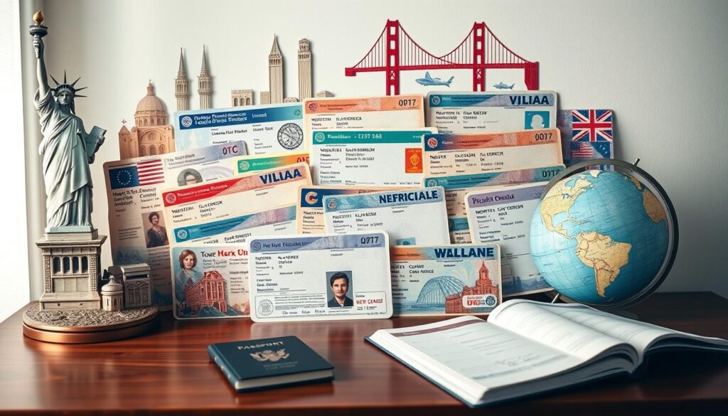 A collage of various work visas, featuring diverse designs and colors, arranged artistically on a wooden desk, surrounded by international landmarks like the Statue of Liberty and Golden Gate Bridge, soft lighting, with a globe and a passport open beside them.